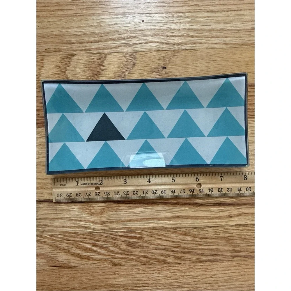 J. Crew Printed Glass Catchall Tray Blue/Black geometric (geo) design-Gold Back